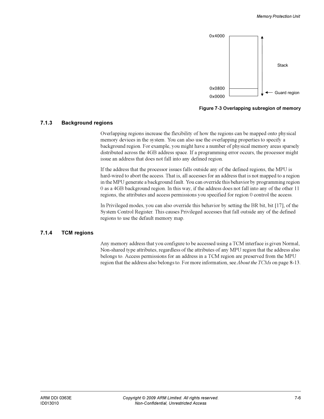 ARM R4F, r1p3 manual Background regions, TCM regions 