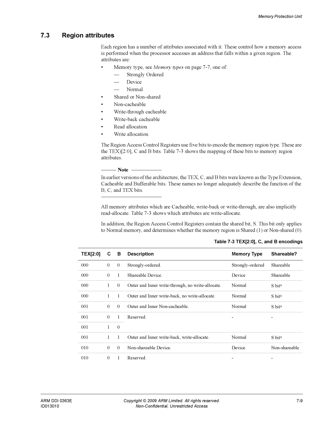 ARM R4F, r1p3 manual Region attributes, TEX20, C, and B encodings Description Memory Type Shareable? 