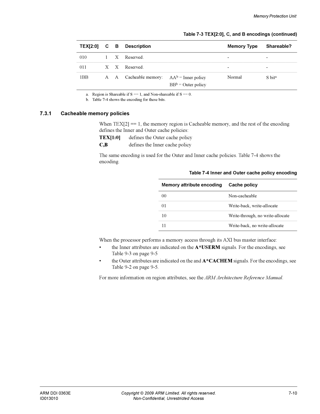 ARM R4F, r1p3 manual Cacheable memory policies, 1BB 