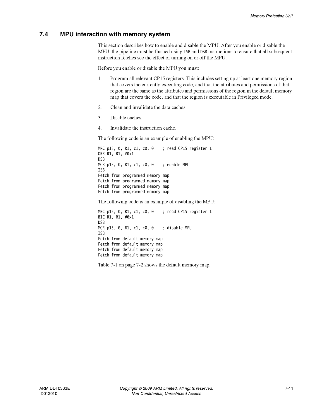 ARM r1p3, R4F manual MPU interaction with memory system, Following code is an example of disabling the MPU 