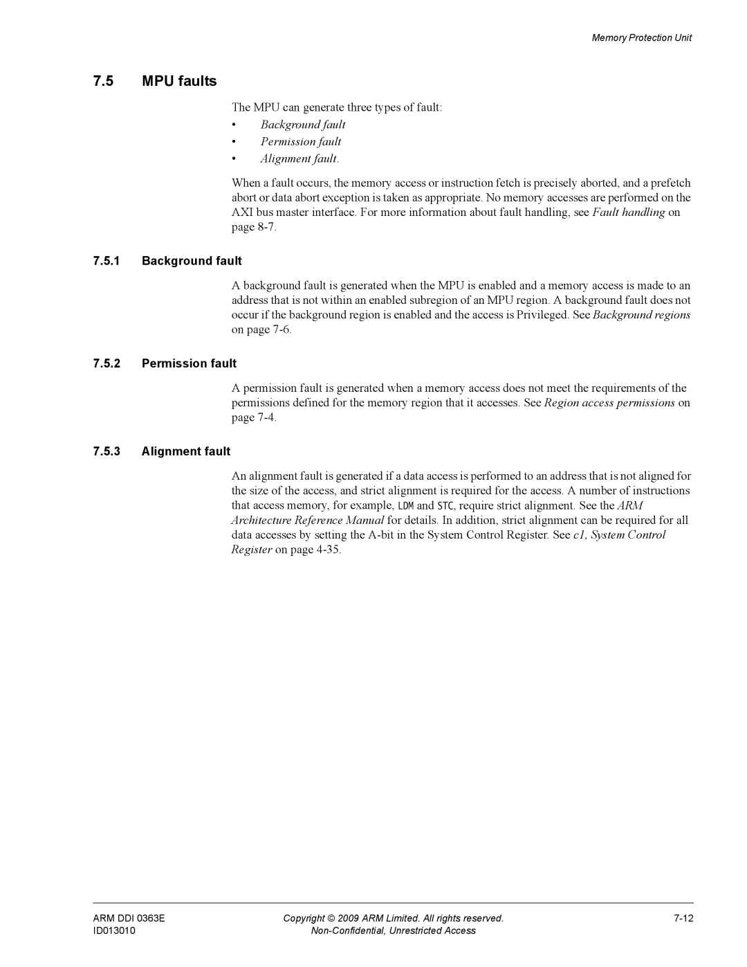 ARM R4F, r1p3 manual MPU faults, Background fault Permission fault Alignment fault 