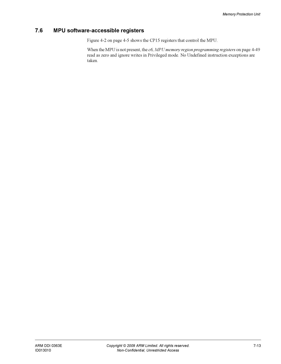 ARM R4F, r1p3 manual MPU software-accessible registers, On page 4-5shows the CP15 registers that control the MPU 