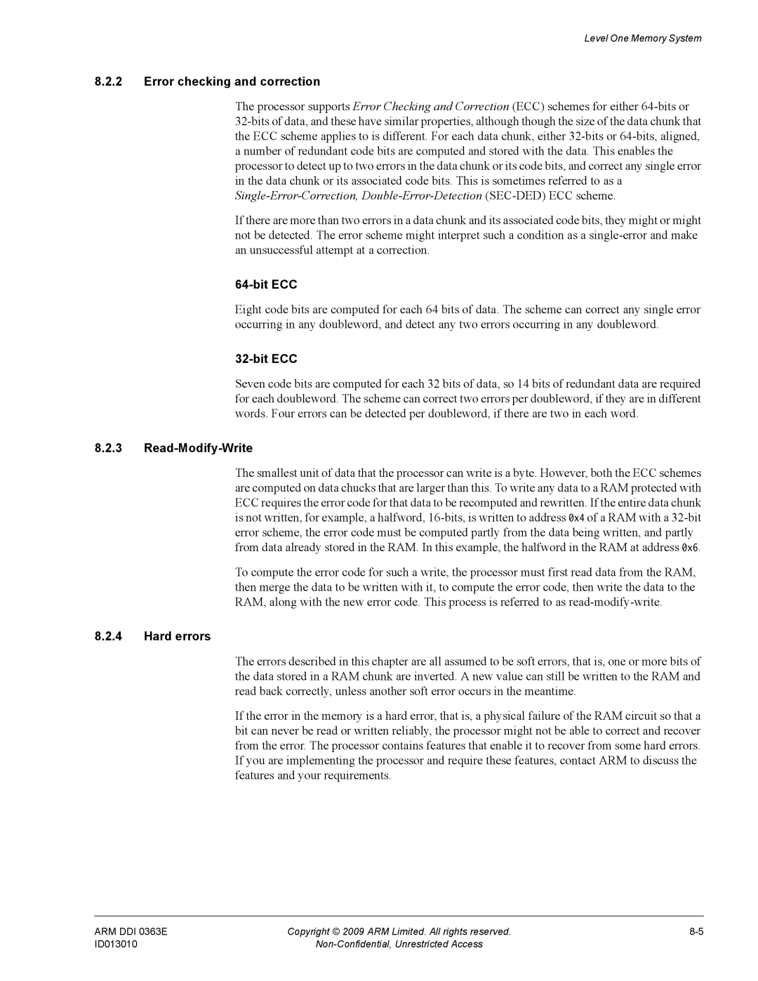 ARM R4F, r1p3 manual Error checking and correction, Bit ECC, Read-Modify-Write, Hard errors 