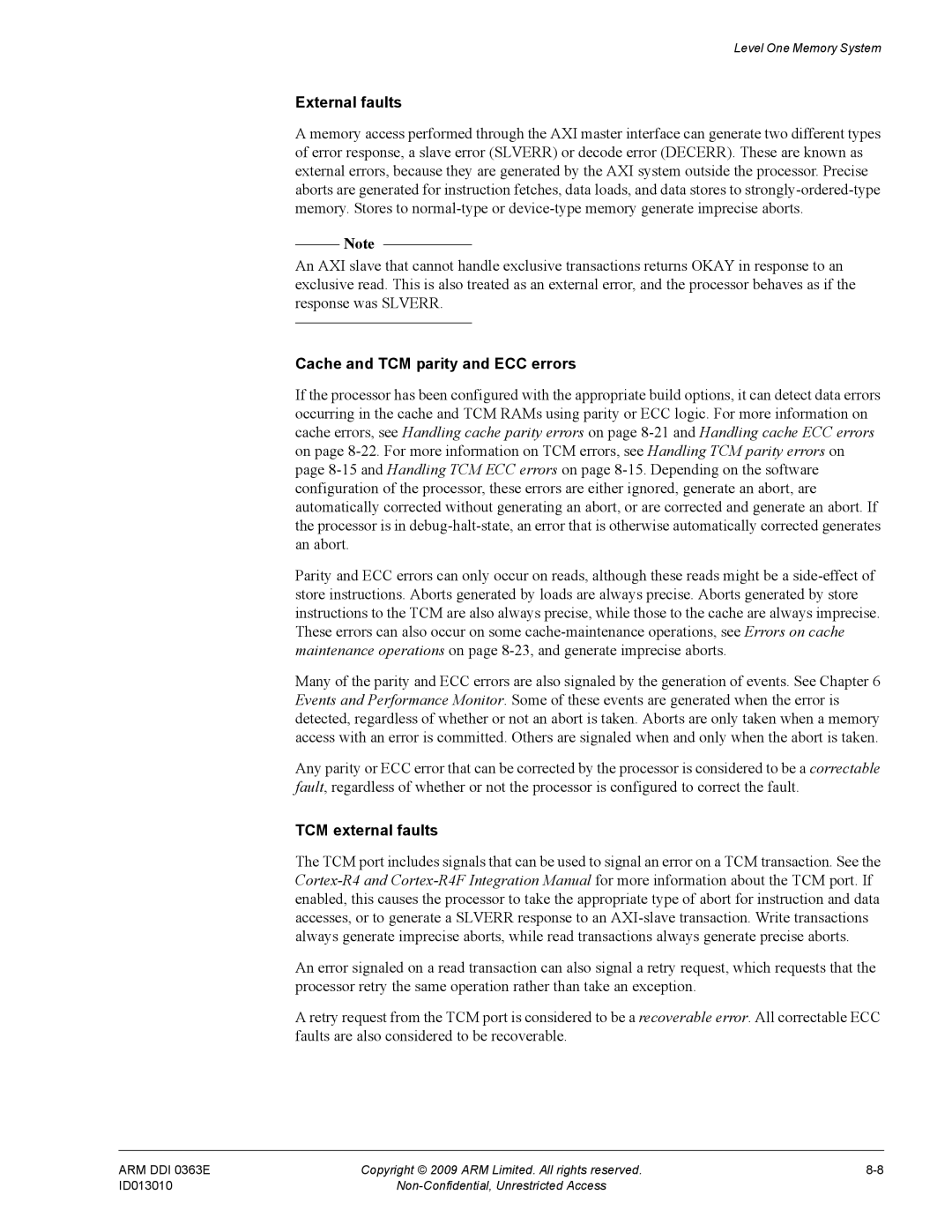 ARM R4F, r1p3 manual External faults, Cache and TCM parity and ECC errors, TCM external faults 
