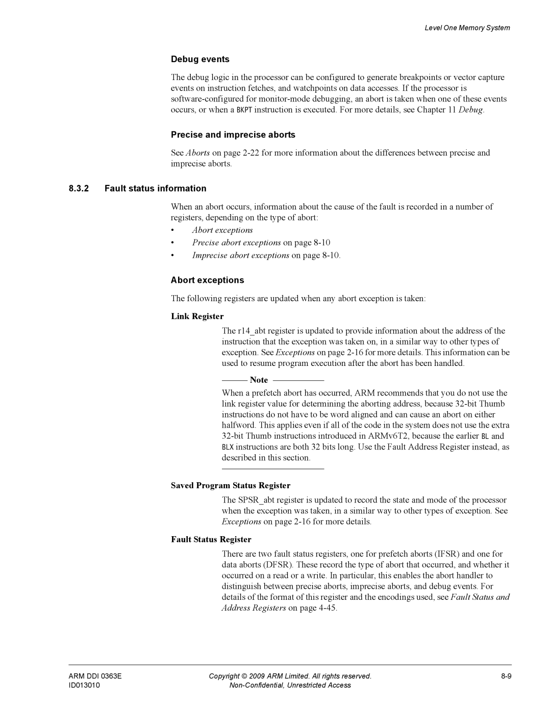 ARM R4F, r1p3 manual Debug events, Precise and imprecise aborts, Fault status information, Abort exceptions 