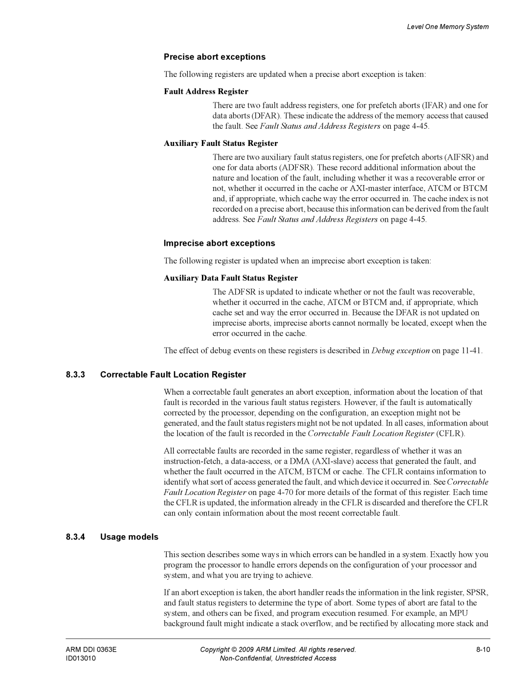 ARM r1p3, R4F manual Precise abort exceptions, Imprecise abort exceptions, Usage models 