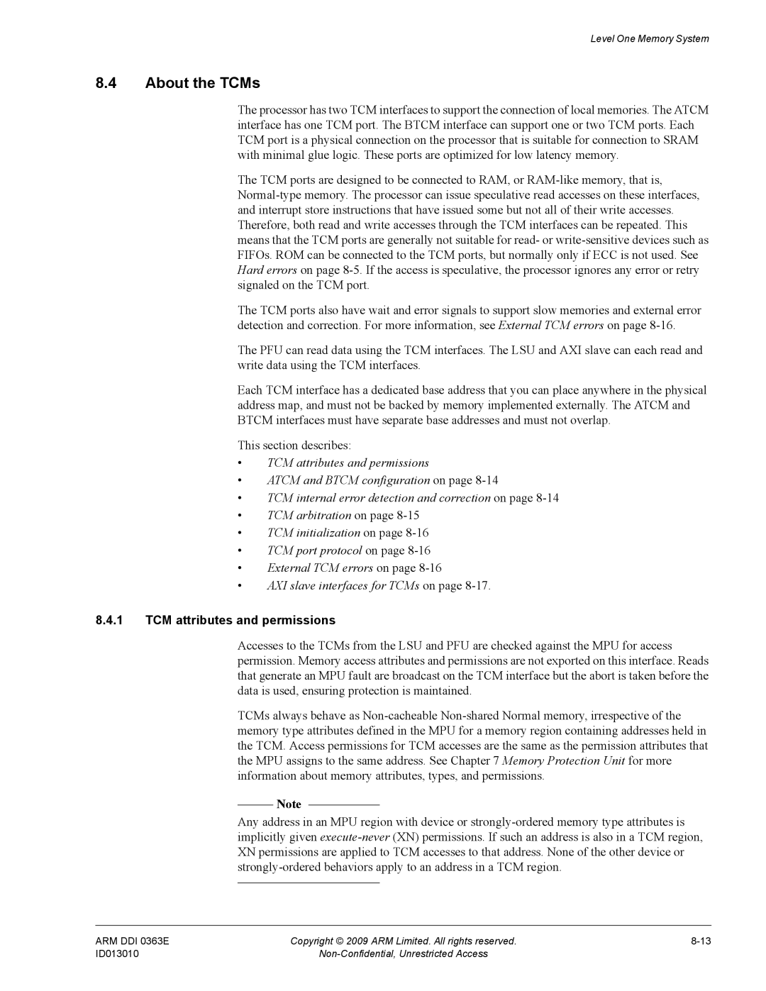 ARM r1p3, R4F manual About the TCMs, TCM attributes and permissions 