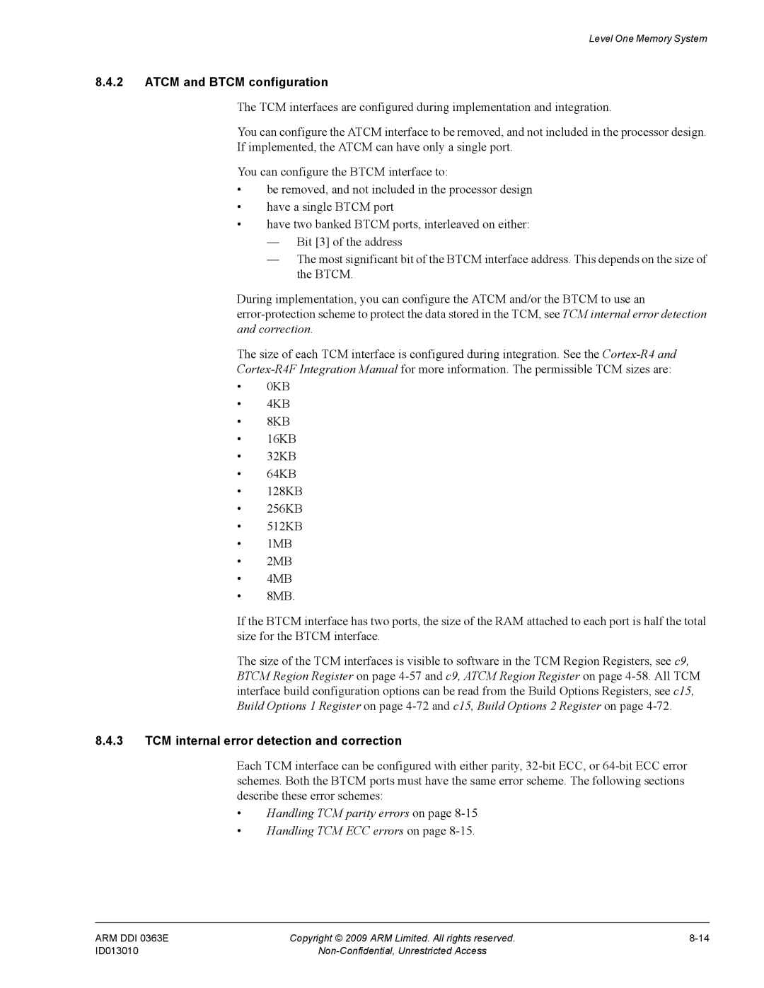 ARM R4F, r1p3 manual Atcm and Btcm configuration, TCM internal error detection and correction 