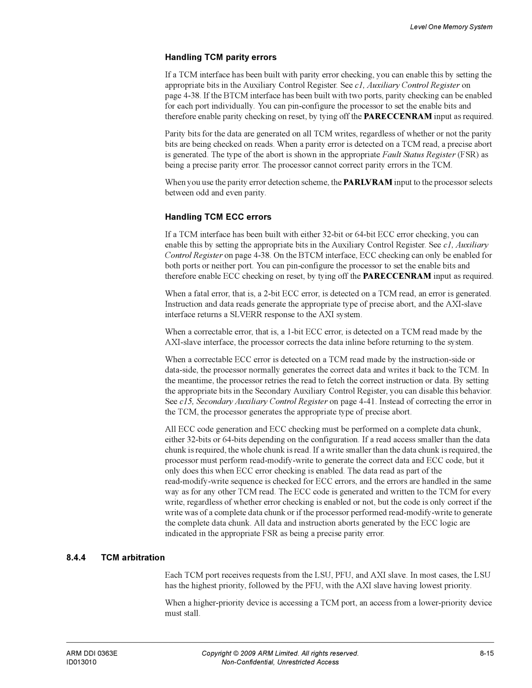 ARM R4F, r1p3 manual Handling TCM parity errors, Handling TCM ECC errors, TCM arbitration 