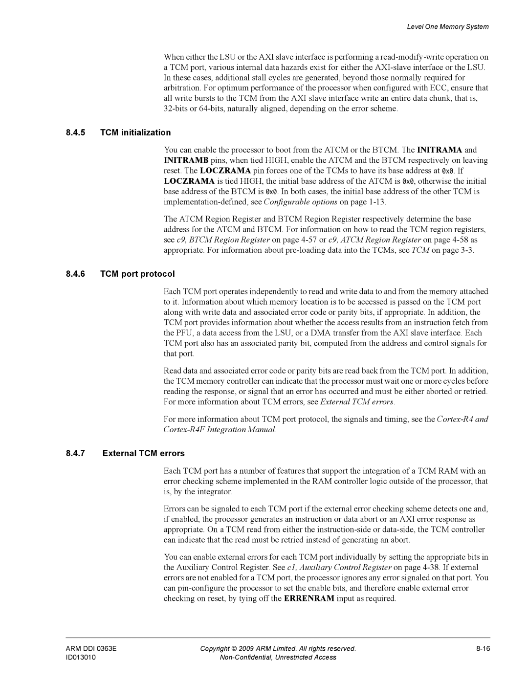 ARM r1p3, R4F manual TCM initialization, TCM port protocol, External TCM errors 