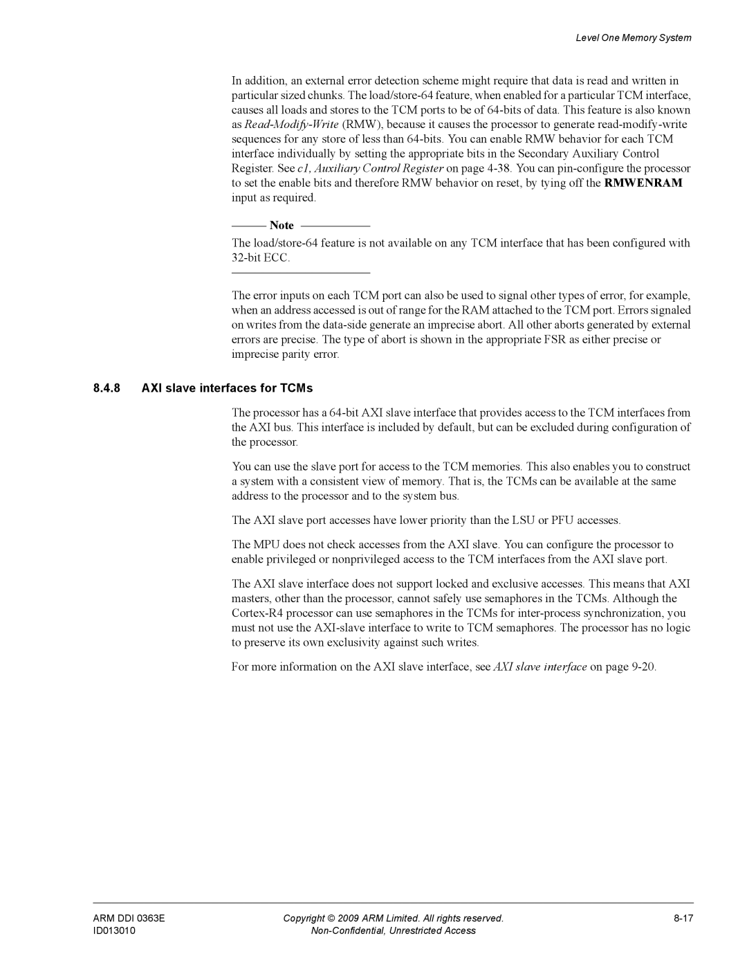 ARM R4F, r1p3 manual AXI slave interfaces for TCMs 