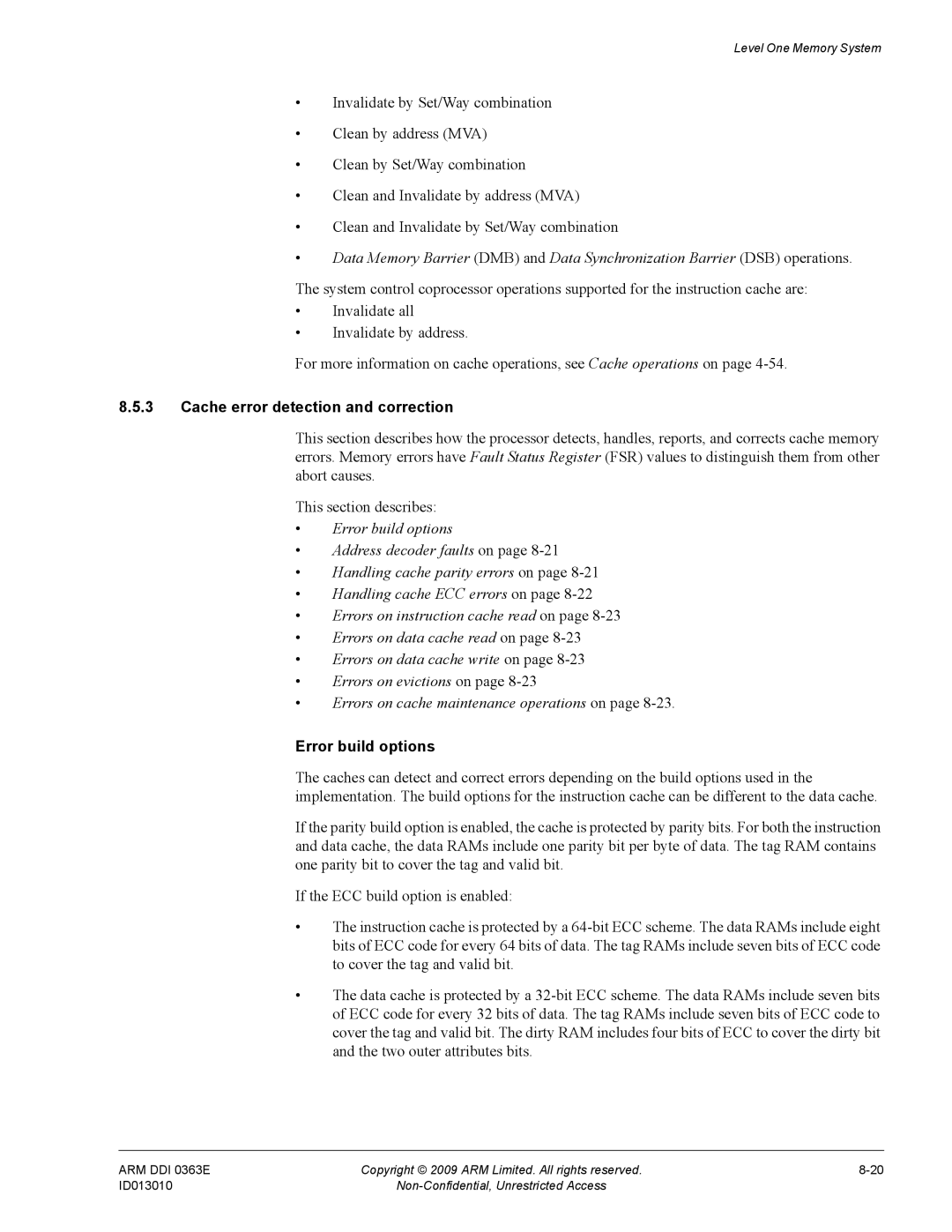 ARM R4F, r1p3 manual Cache error detection and correction, Error build options 