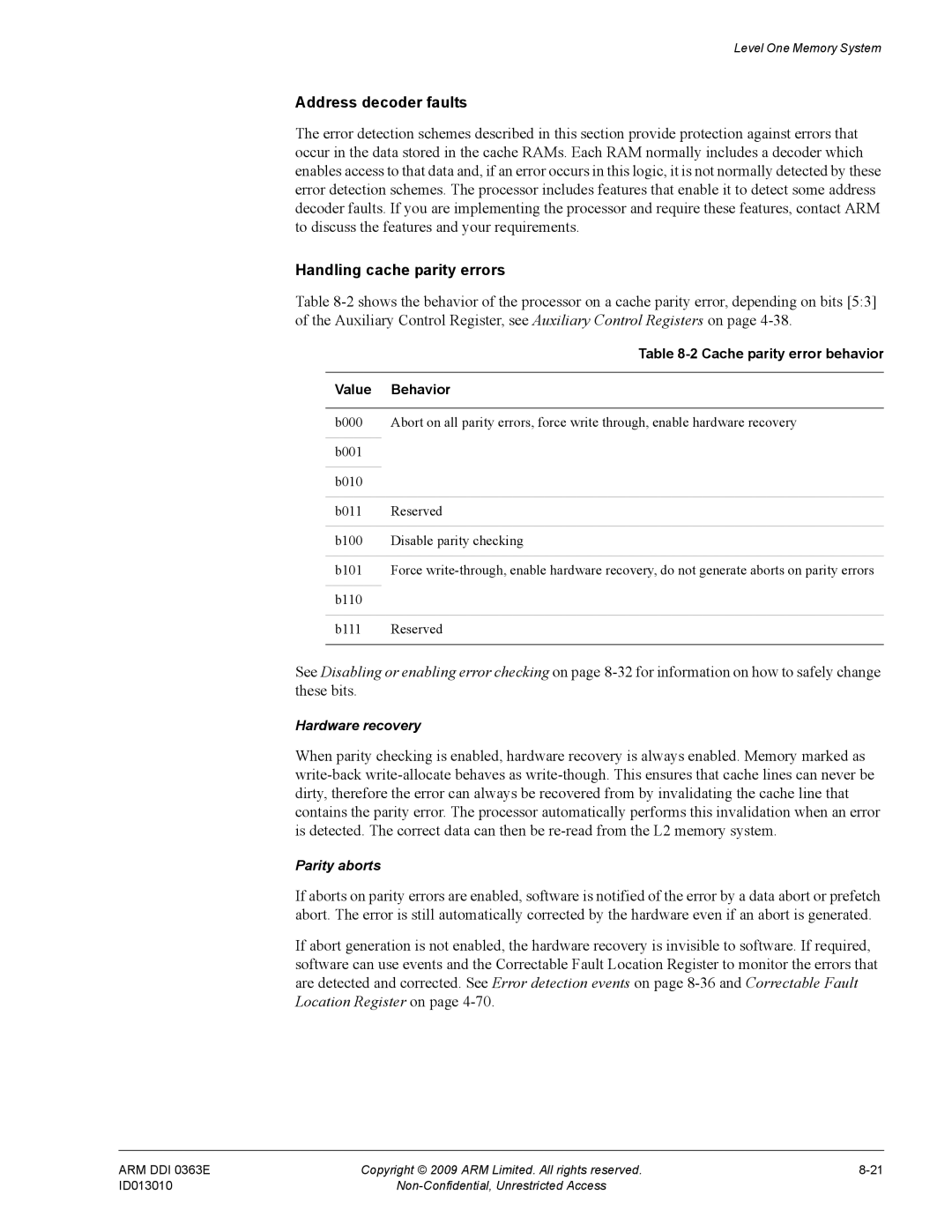 ARM R4F, r1p3 manual Address decoder faults, Handling cache parity errors, Cache parity error behavior Value Behavior 