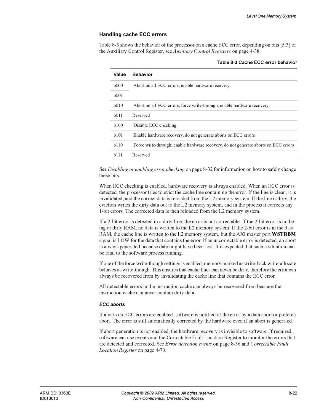 ARM r1p3, R4F manual Handling cache ECC errors, Cache ECC error behavior Value Behavior 