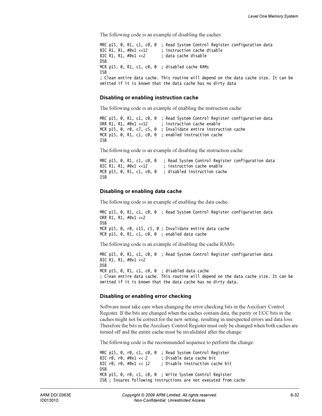 ARM R4F Disabling or enabling instruction cache, Disabling or enabling data cache, Disabling or enabling error checking 