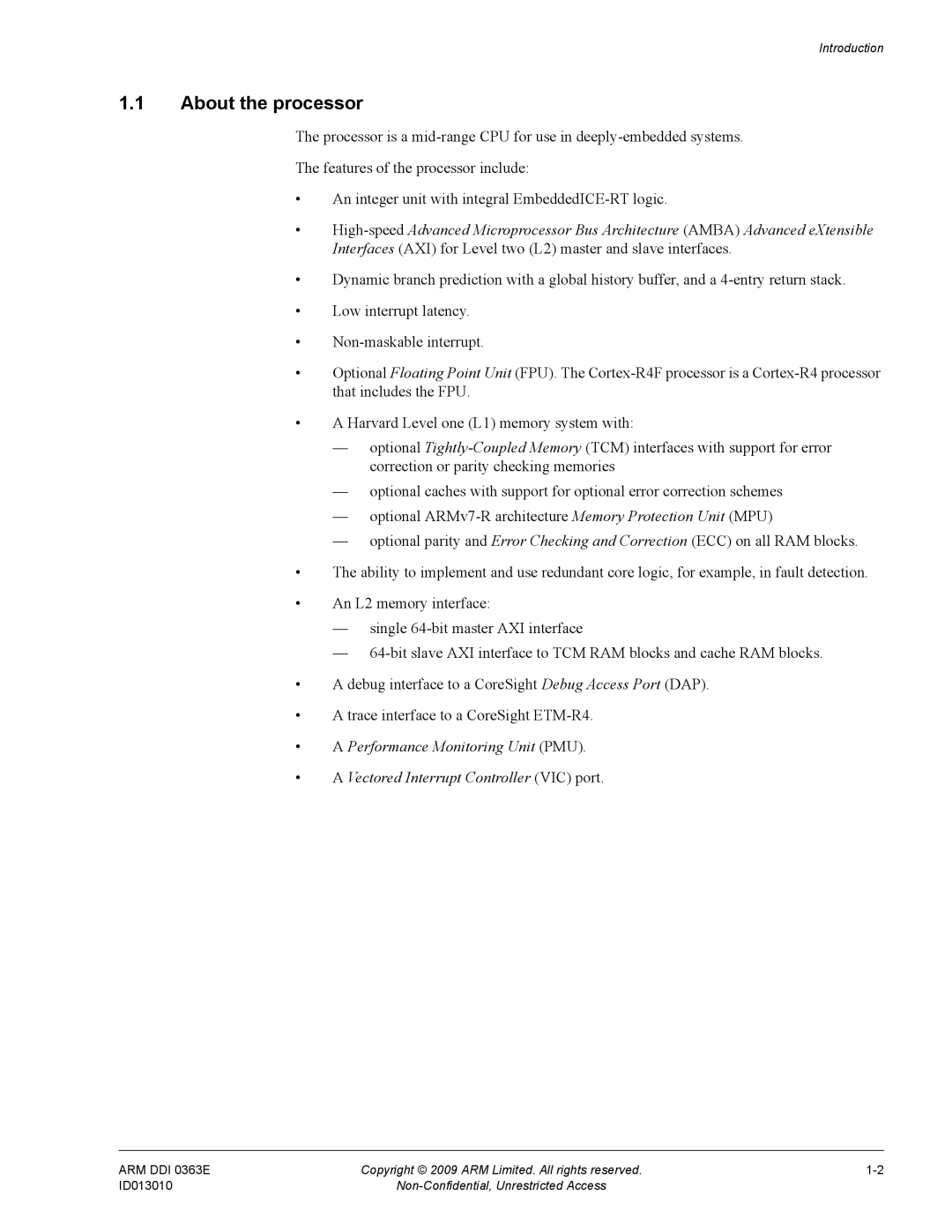 ARM r1p3, R4F manual About the processor 