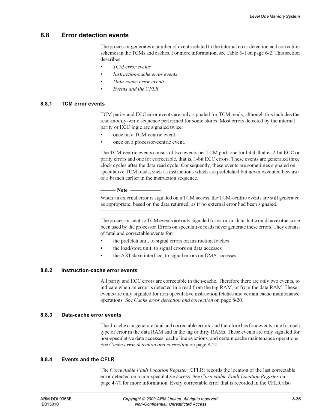 ARM R4F, r1p3 manual Error detection events, TCM error events, Instruction-cache error events, Data-cache error events 