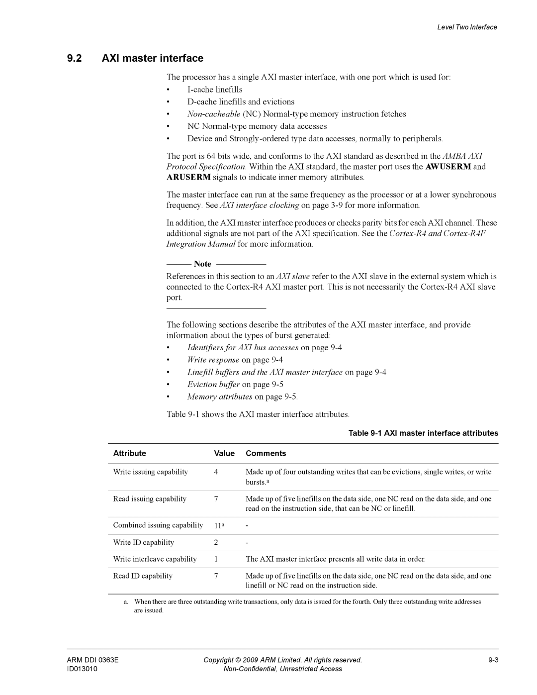 ARM r1p3, R4F manual 1shows the AXI master interface attributes, Attribute Value Comments 