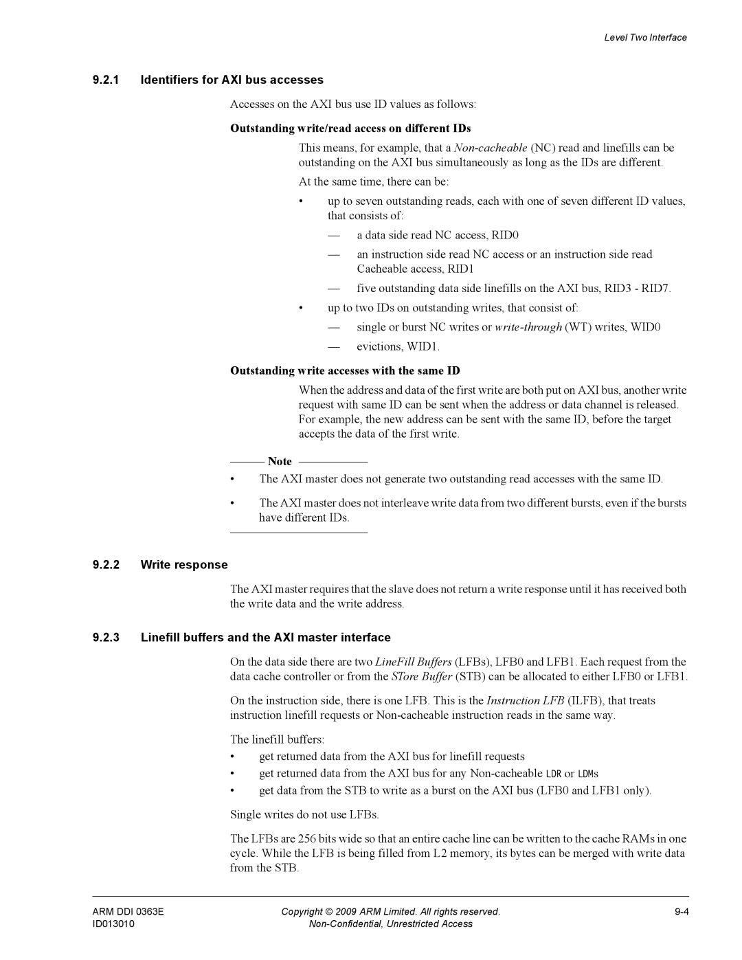 ARM R4F, r1p3 manual Identifiers for AXI bus accesses, Outstanding write/read access on different IDs, Write response 