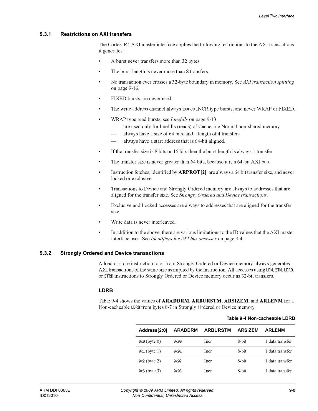 ARM R4F, r1p3 Restrictions on AXI transfers, Strongly Ordered and Device transactions, Non-cacheable Ldrb, Address20 