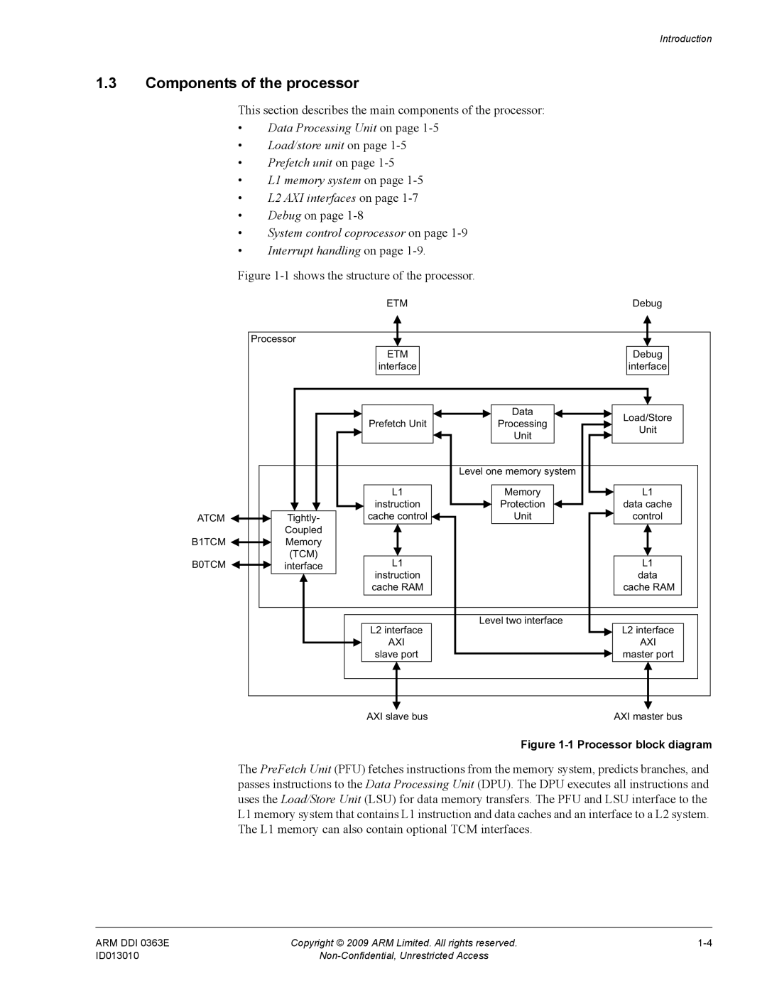 ARM R4F, r1p3 manual Components of the processor, This section describes the main components of the processor, Debug on 