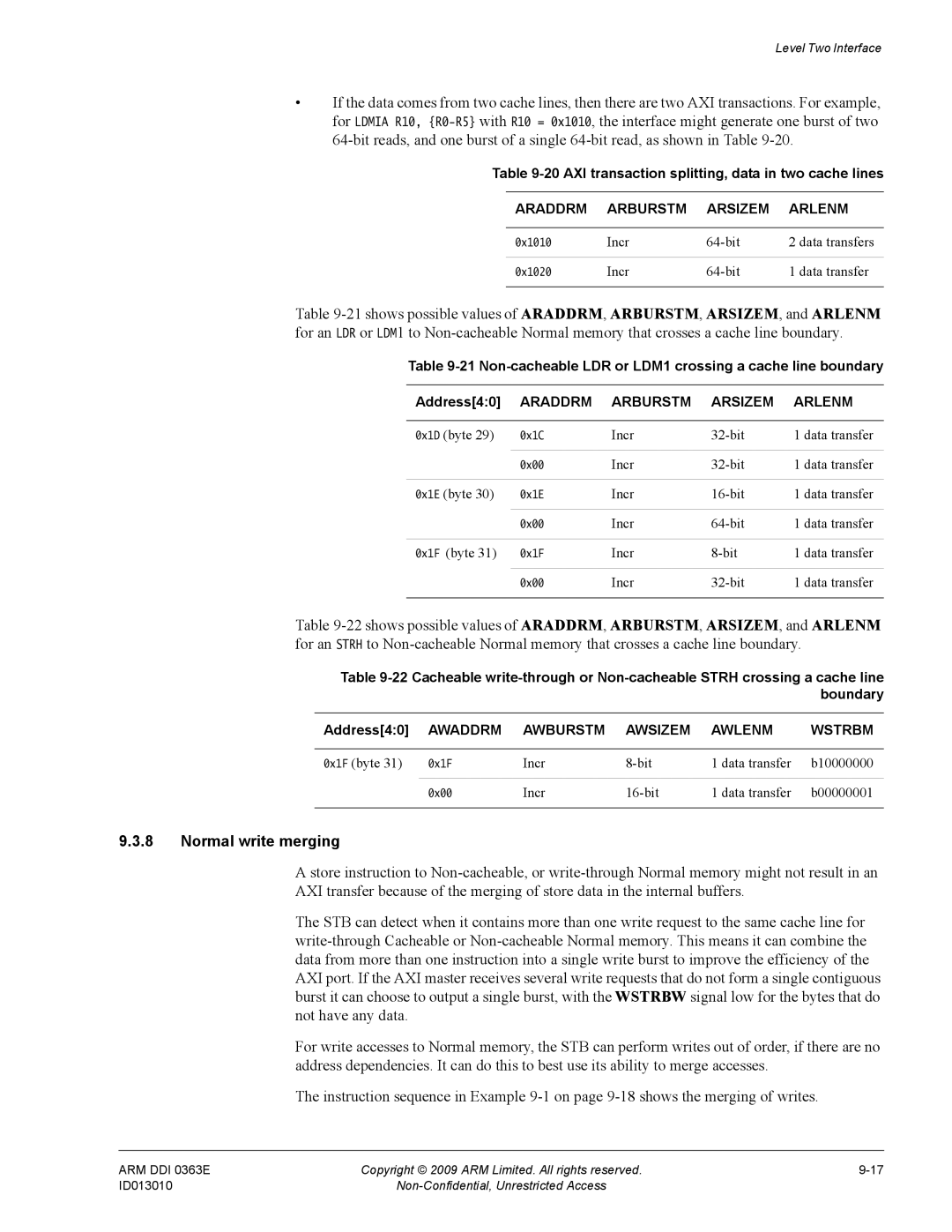 ARM R4F, r1p3 manual Normal write merging, AXI transaction splitting, data in two cache lines 