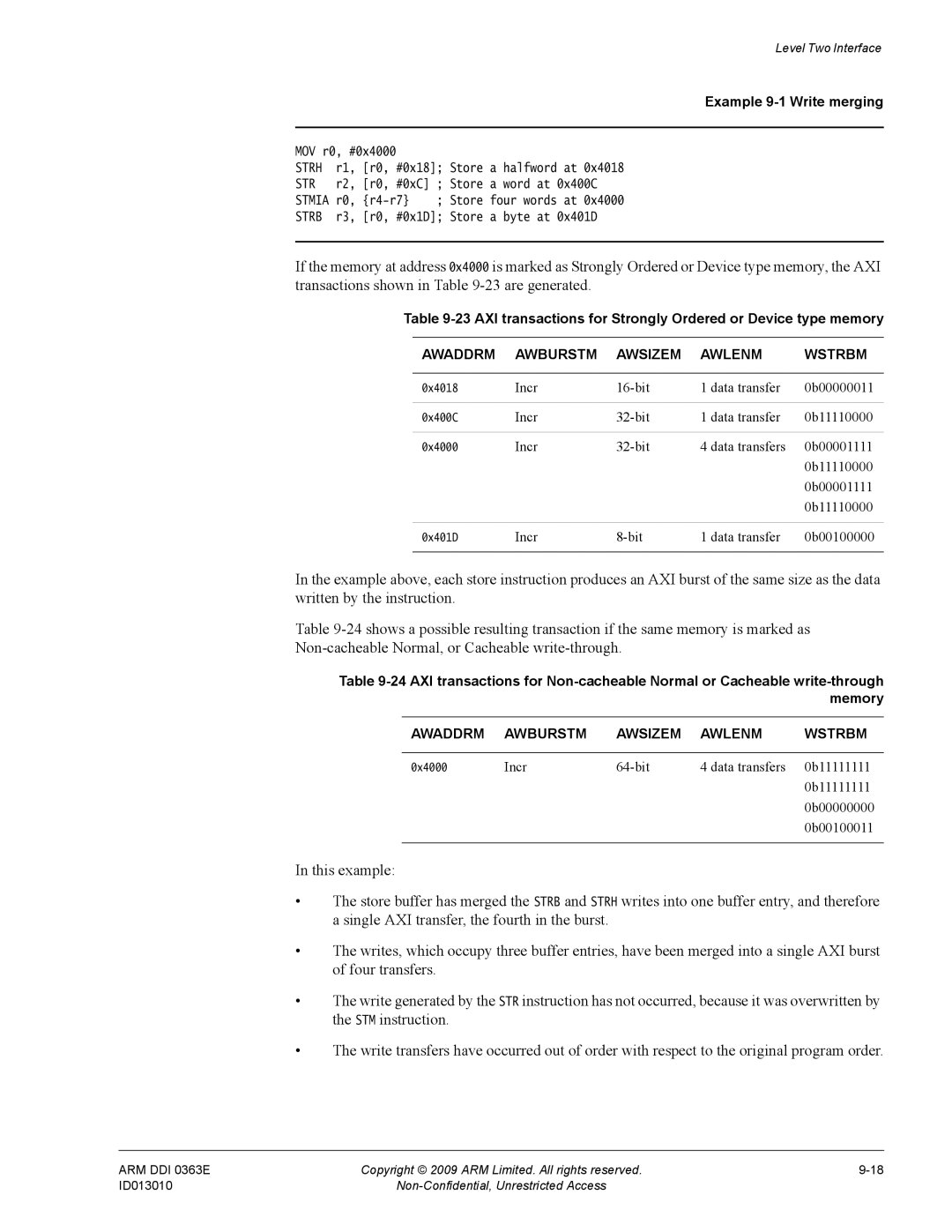 ARM r1p3, R4F manual Example 9-1 Write merging 