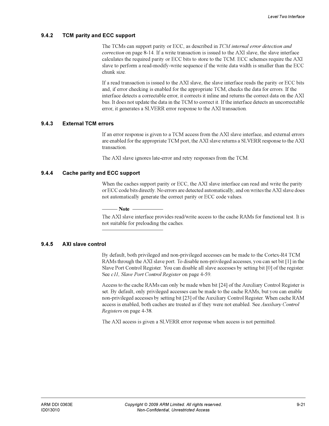 ARM r1p3, R4F manual TCM parity and ECC support, Cache parity and ECC support, AXI slave control 