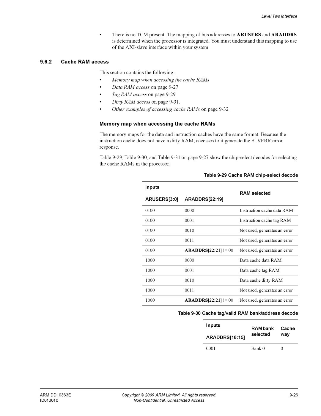 ARM R4F, r1p3 manual Cache RAM access, This section contains the following, Memory map when accessing the cache RAMs 