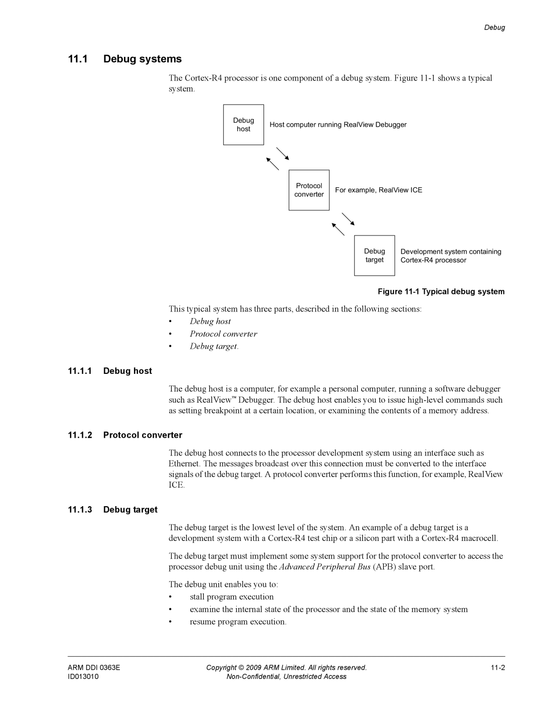 ARM R4F, r1p3 manual Debug systems, Debug host Protocol converter Debug target 