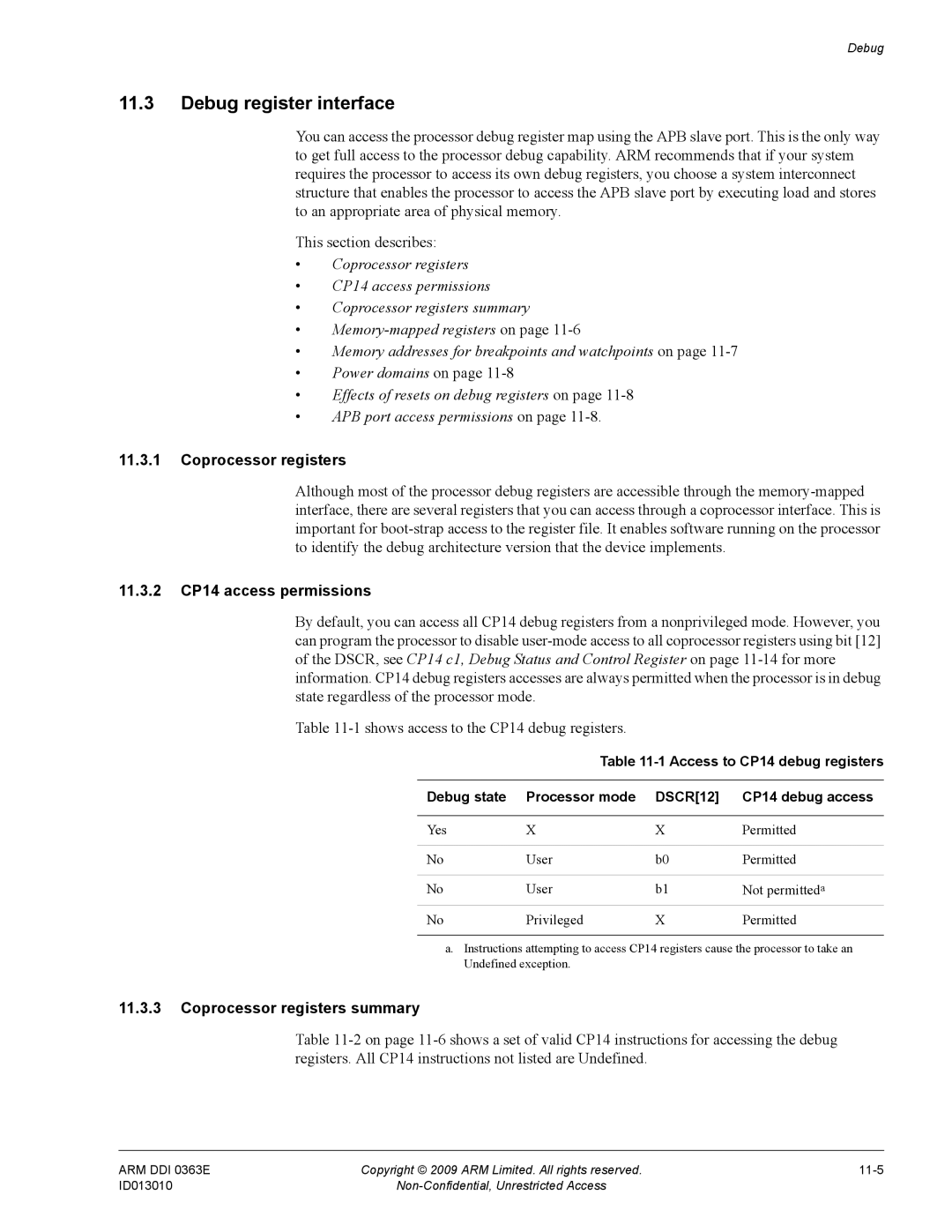 ARM R4F, r1p3 manual Debug register interface, 11.3.2 CP14 access permissions, Coprocessor registers summary 