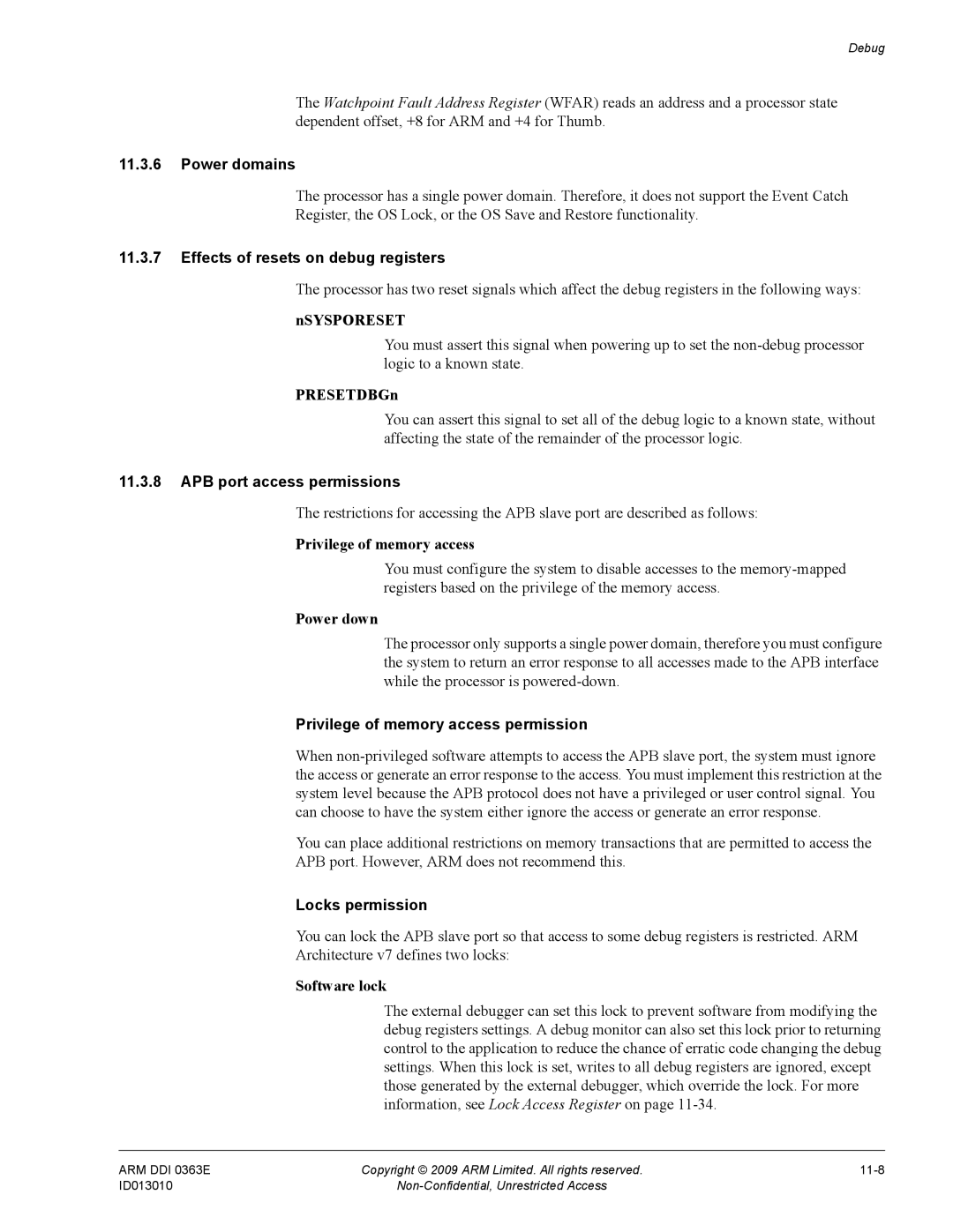 ARM R4F, r1p3 manual Power domains, Effects of resets on debug registers, APB port access permissions, Locks permission 