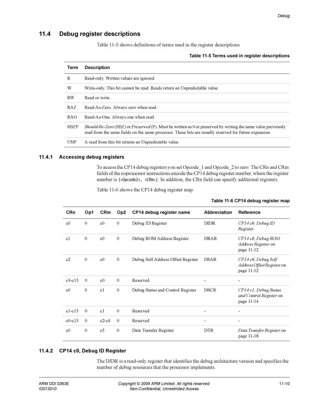 ARM R4F, r1p3 Debug register descriptions, Accessing debug registers, 6shows the CP14 debug register map, Term Description 