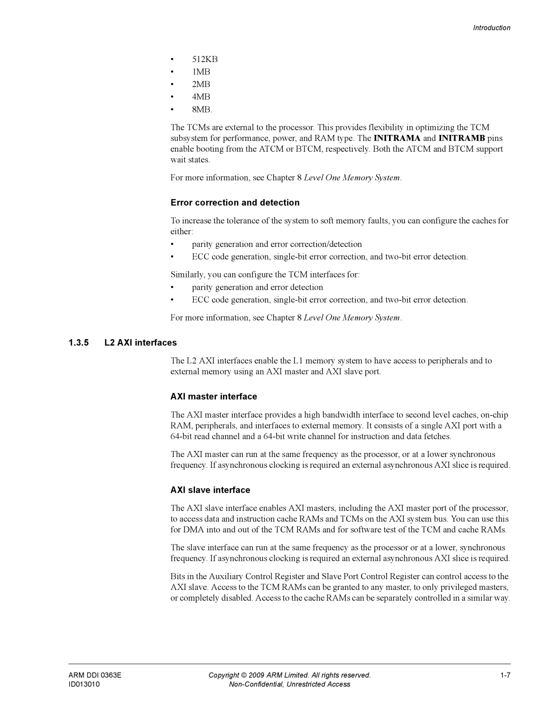 ARM R4F, r1p3 manual Error correction and detection, 5 L2 AXI interfaces, AXI master interface, AXI slave interface 