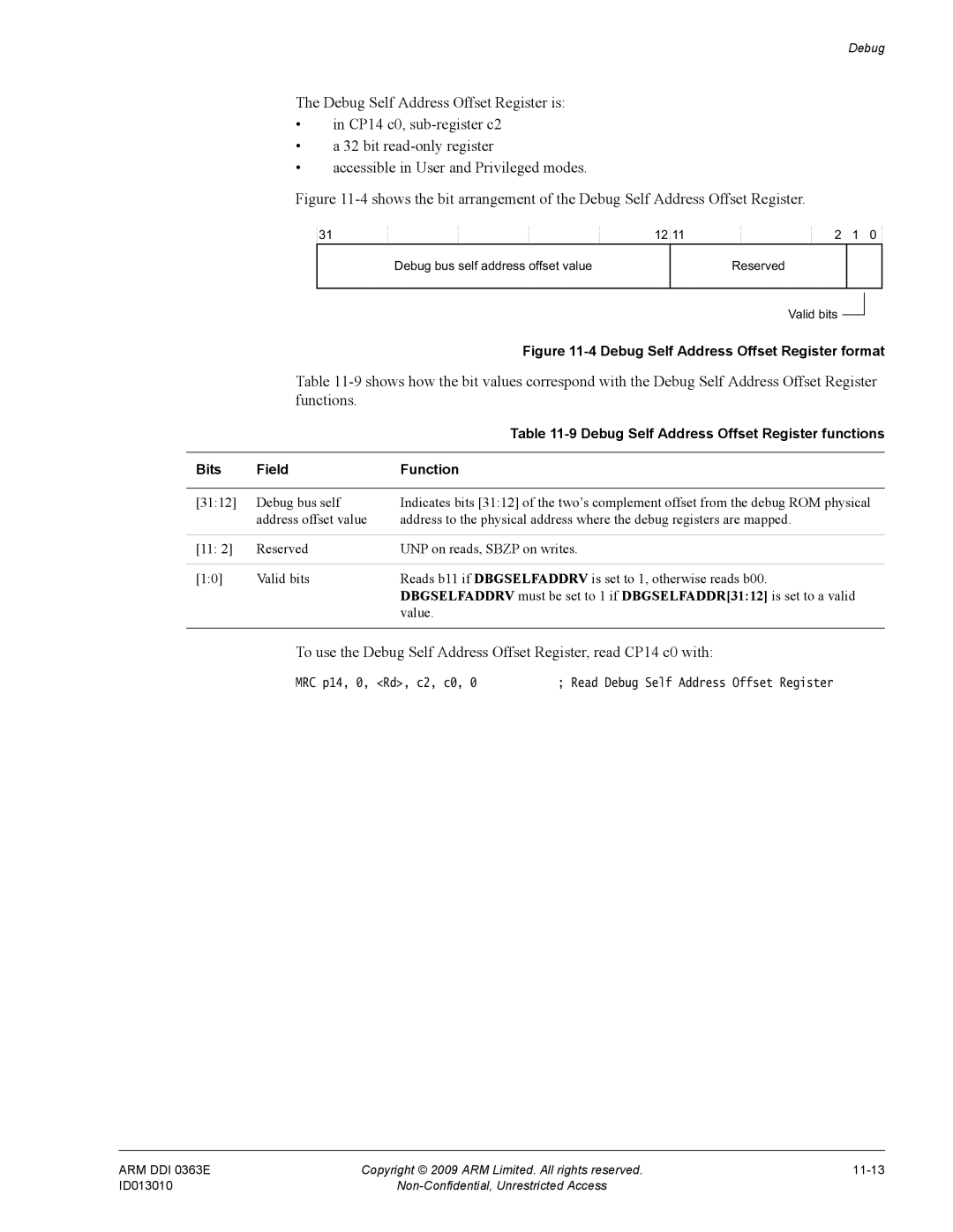 ARM R4F, r1p3 manual Debug Self Address Offset Register format, Debug Self Address Offset Register functions 