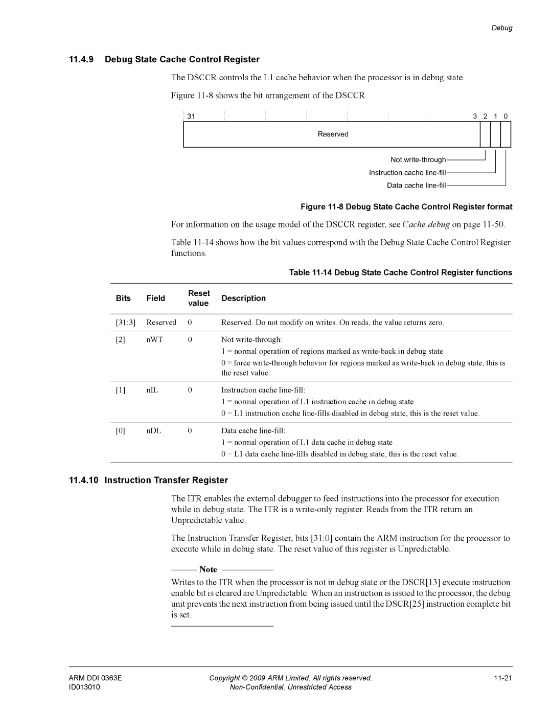 ARM r1p3, R4F manual Instruction Transfer Register, Debug State Cache Control Register functions 