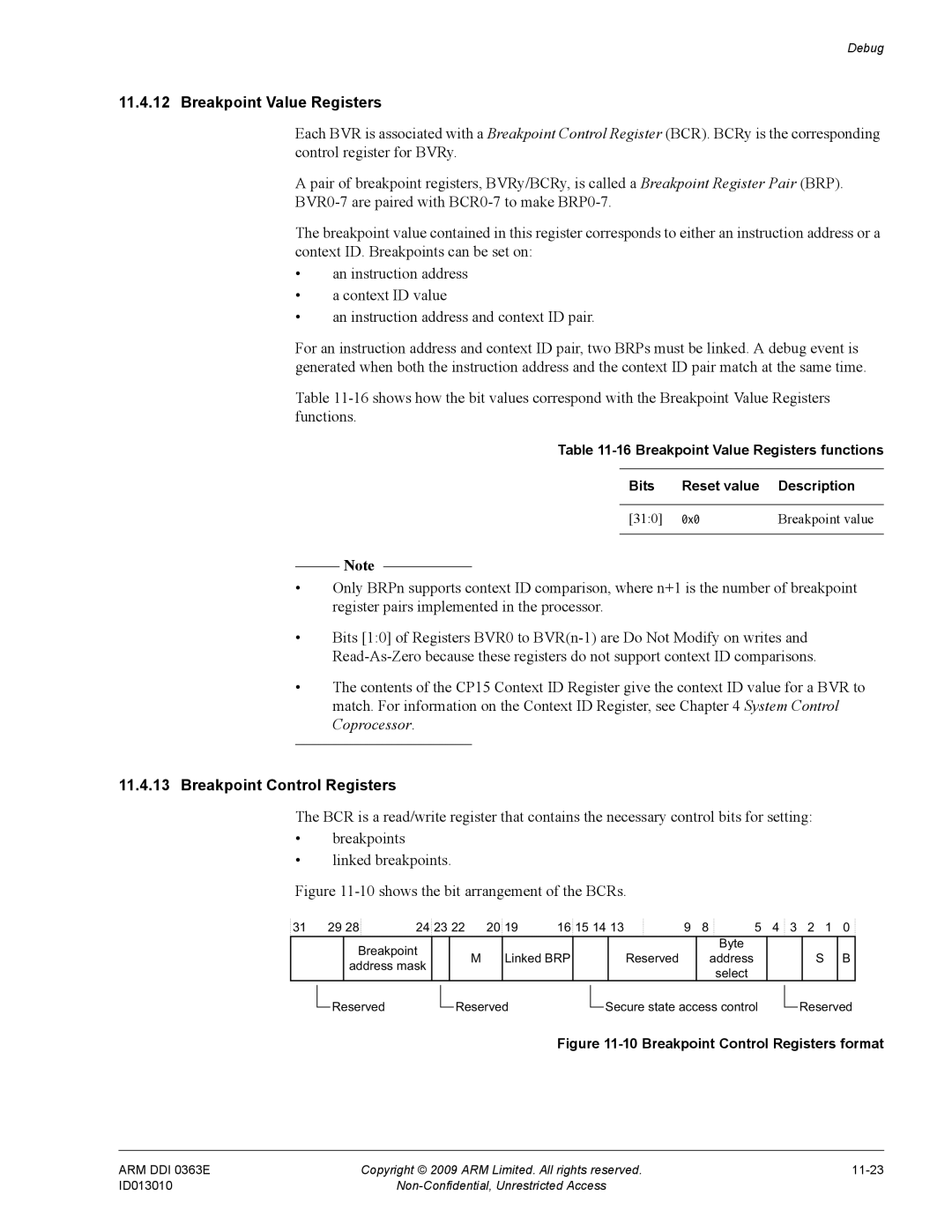 ARM R4F, r1p3 manual Breakpoint Value Registers, Breakpoint Control Registers 