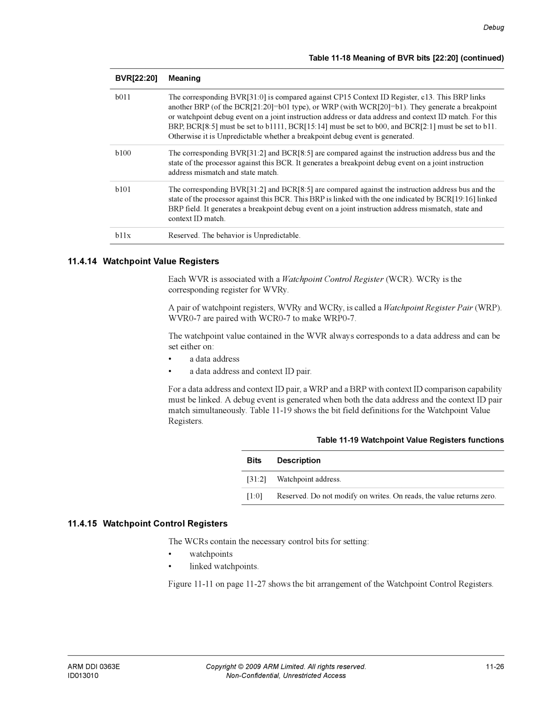 ARM R4F, r1p3 manual Watchpoint Control Registers, Watchpoint Value Registers functions Bits Description 