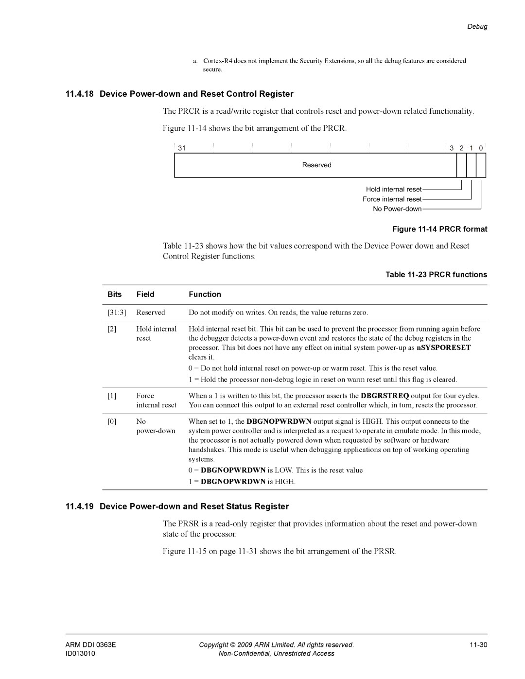 ARM r1p3, R4F Device Power-down and Reset Control Register, Device Power-down and Reset Status Register, Prcr functions 