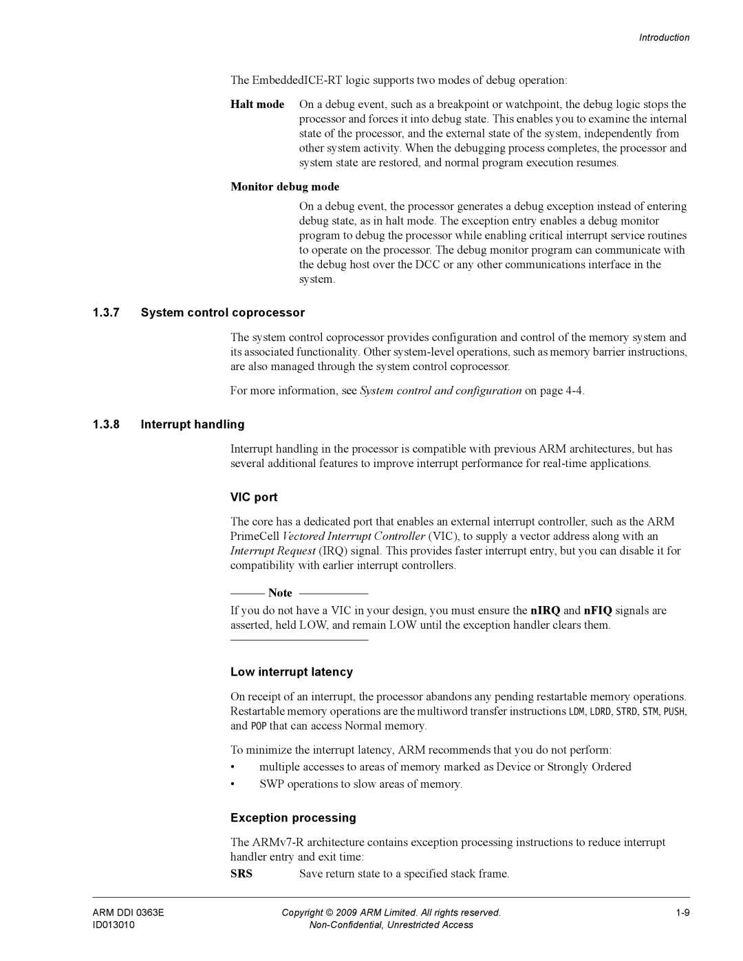 ARM R4F, r1p3 manual System control coprocessor, Interrupt handling, VIC port, Low interrupt latency, Exception processing 