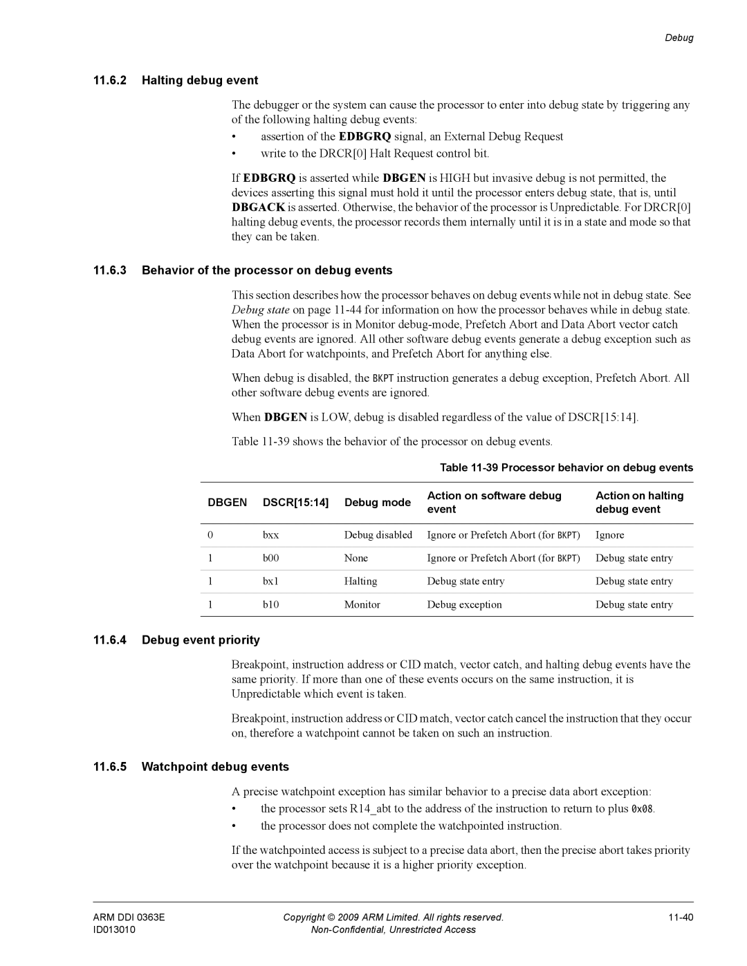 ARM R4F Halting debug event, Behavior of the processor on debug events, Debug event priority, Watchpoint debug events 