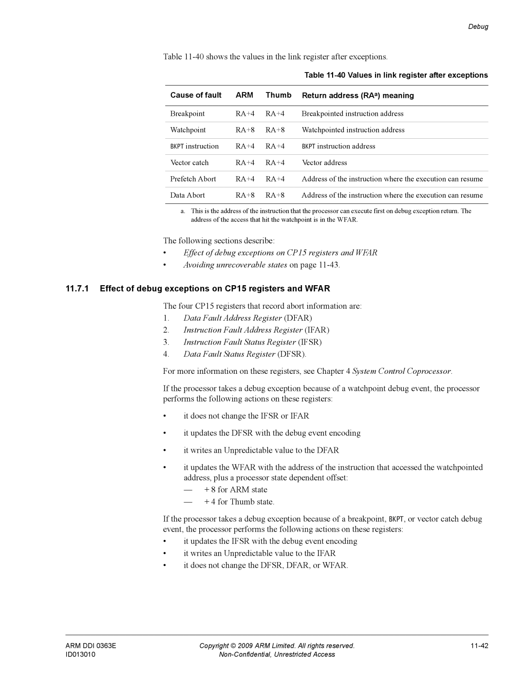 ARM r1p3, R4F manual 40shows the values in the link register after exceptions, Following sections describe 