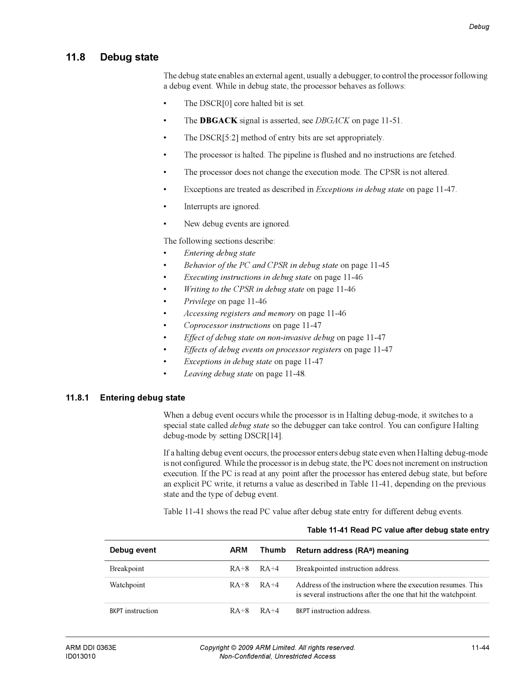 ARM R4F, r1p3 manual Debug state, Privilege on, Entering debug state, Read PC value after debug state entry 