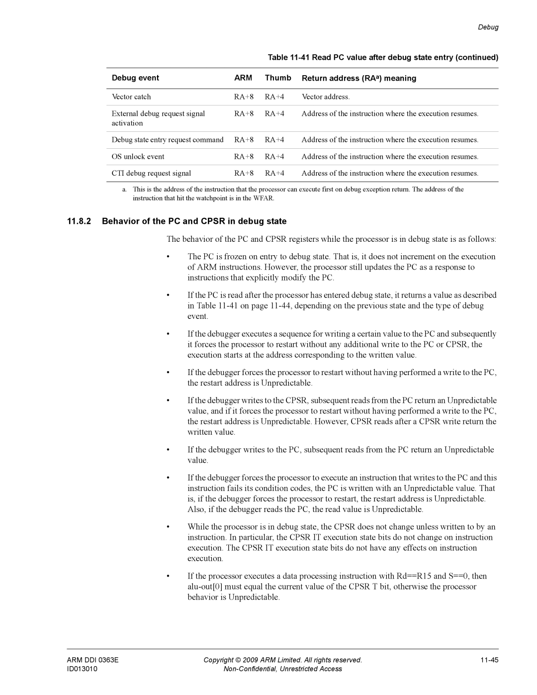 ARM r1p3, R4F manual Behavior of the PC and Cpsr in debug state, Read PC value after debug state entry Debug event 