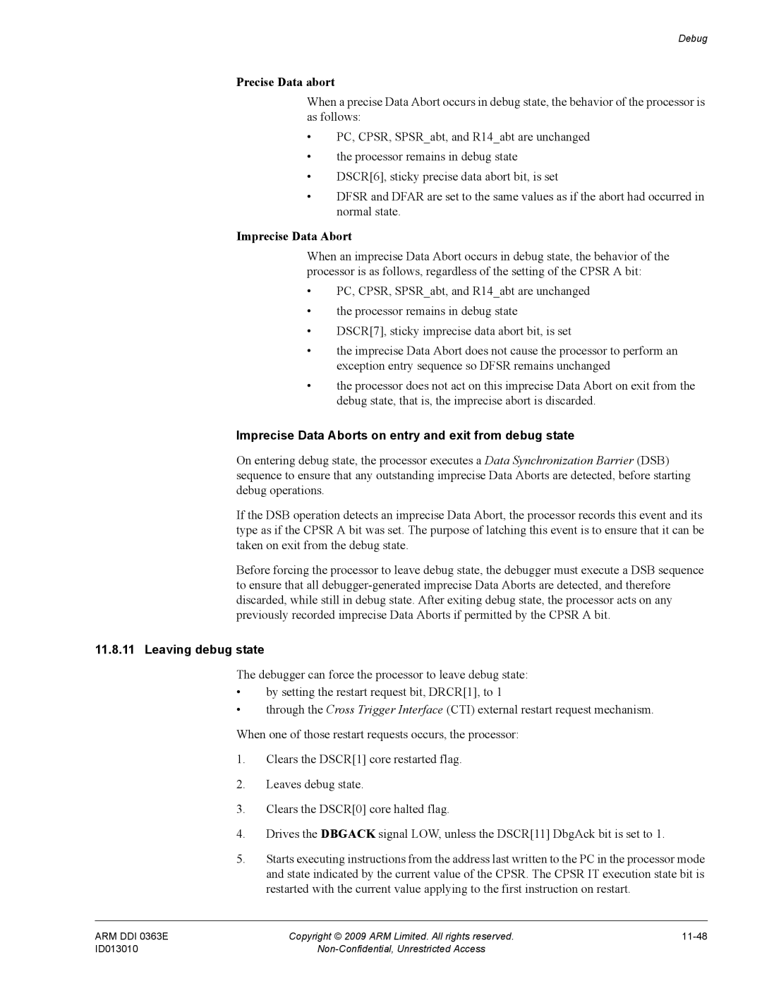 ARM r1p3, R4F manual Precise Data abort, Imprecise Data Aborts on entry and exit from debug state, Leaving debug state 