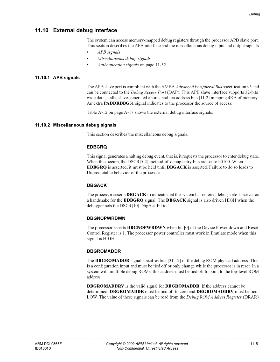 ARM r1p3, R4F manual External debug interface, APB signals, Miscellaneous debug signals 