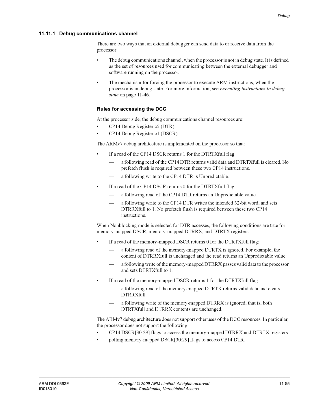 ARM R4F, r1p3 manual Debug communications channel, Rules for accessing the DCC 