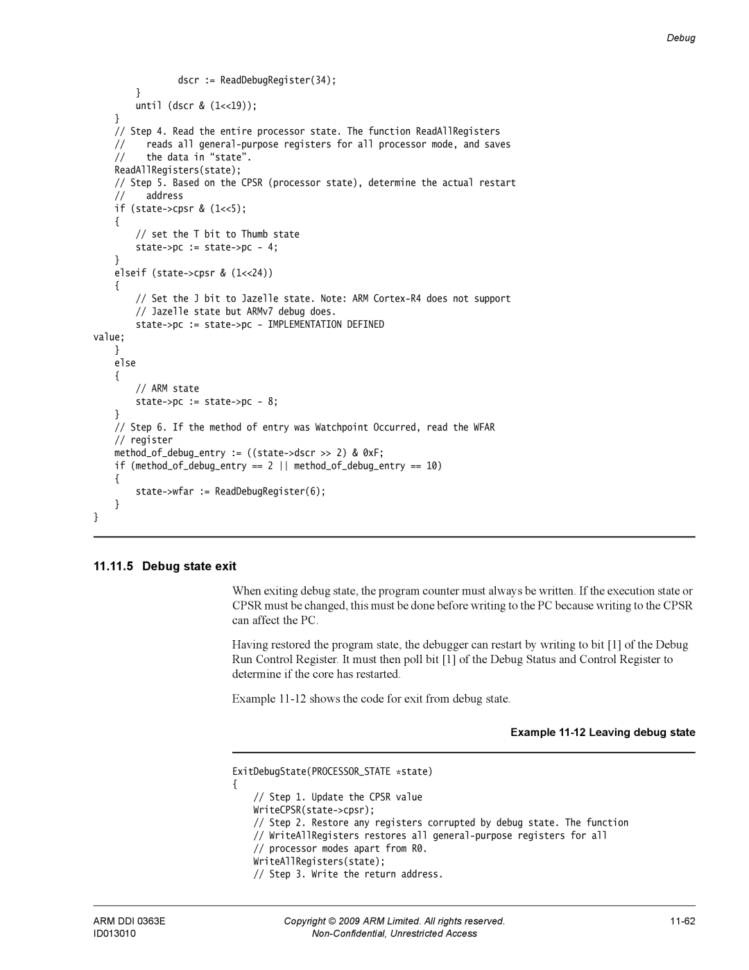 ARM R4F, r1p3 manual Debug state exit, Example 11-12 Leaving debug state 