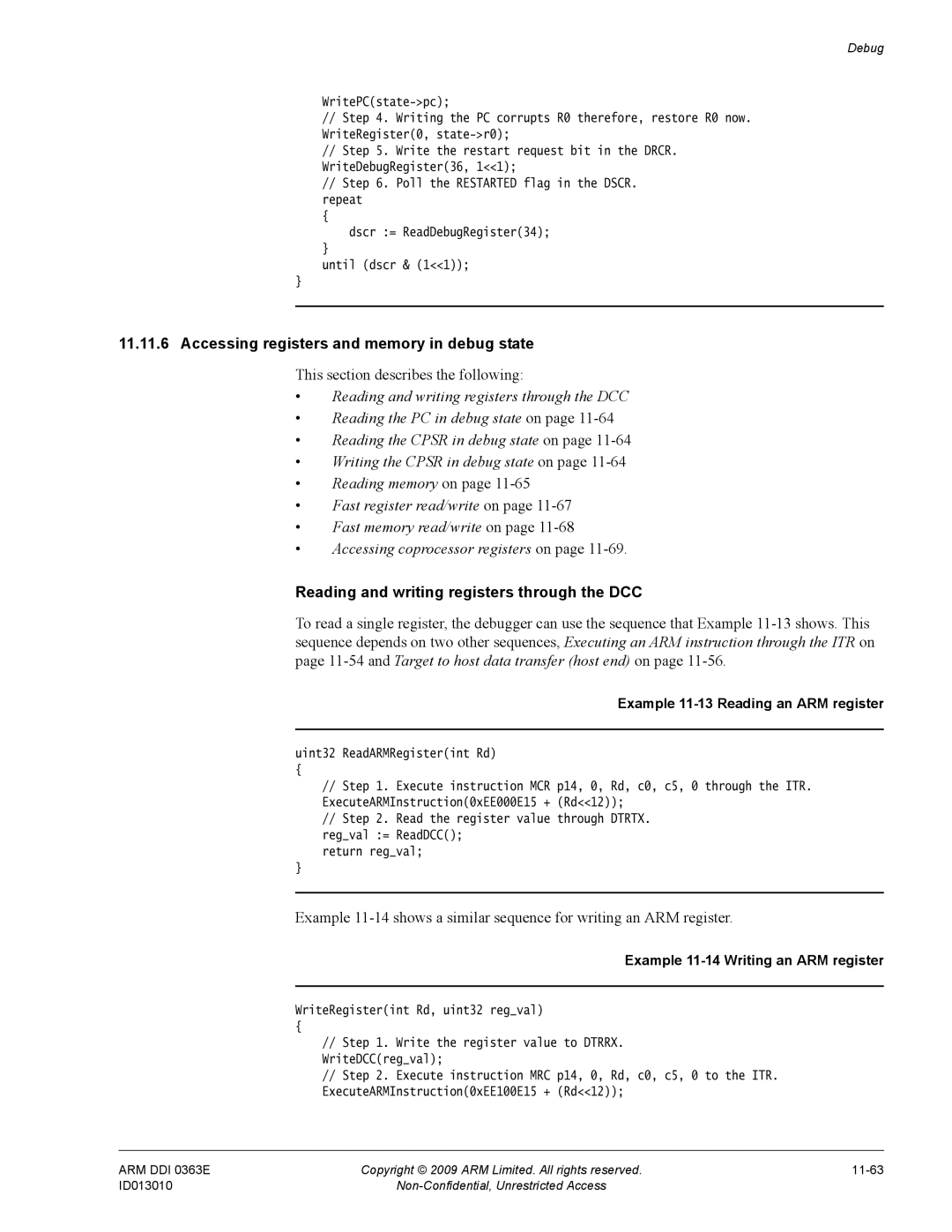 ARM r1p3, R4F manual Accessing registers and memory in debug state, This section describes the following 