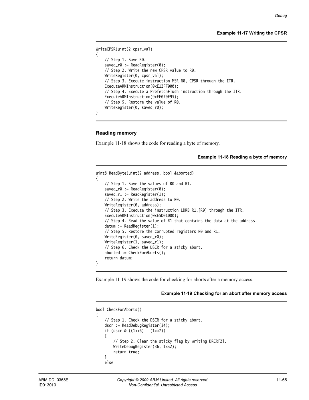 ARM R4F, r1p3 Reading memory, Example 11-18shows the code for reading a byte of memory, Example 11-17 Writing the Cpsr 